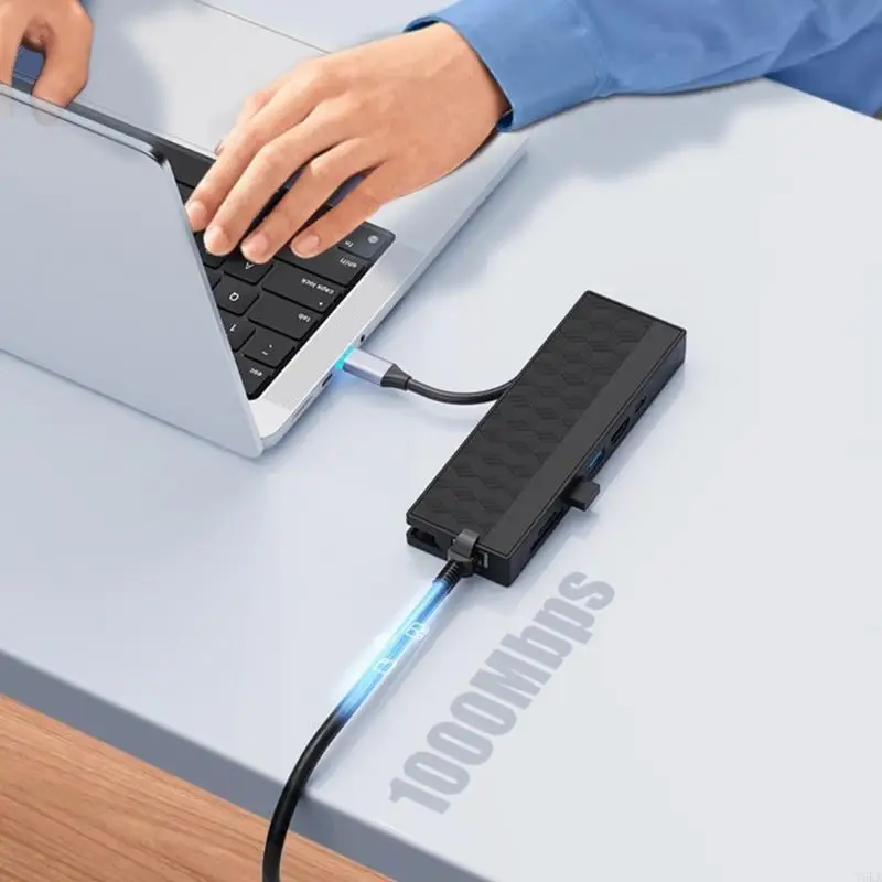 T5EA USB C Hub 7 in 1 adattatore con Gigabit Ethernet MultiMedia 4K30Hz e PD100W ricarica 2xusb3.0