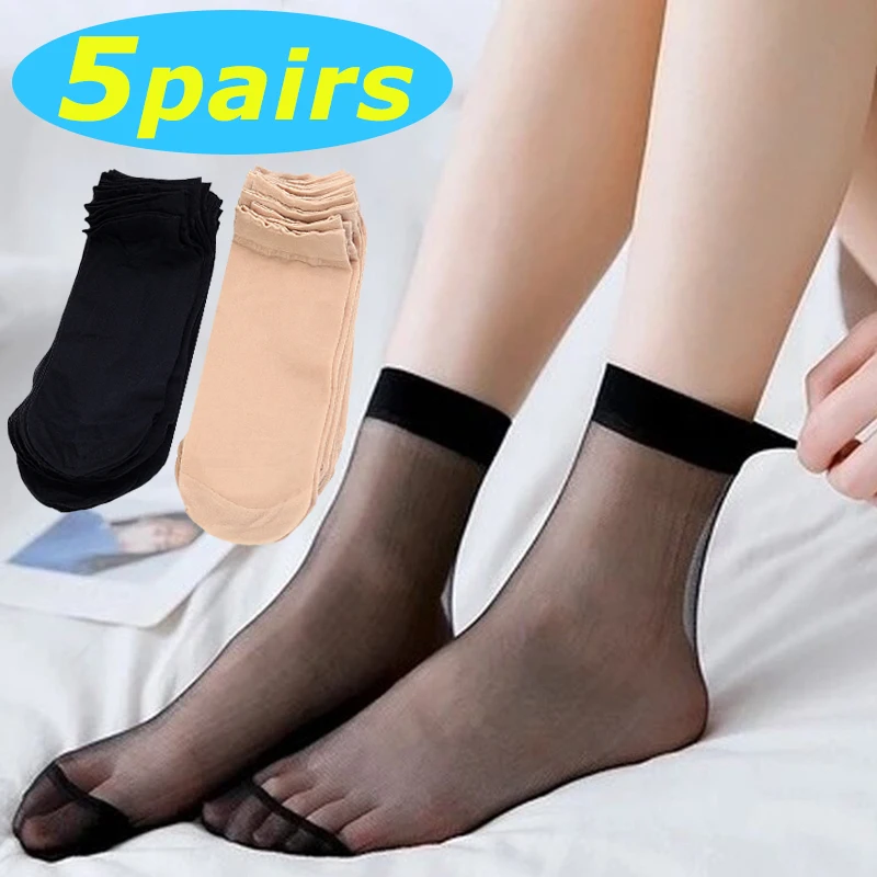 

5 Pairs Women Ultrathin Transparent Silk Socks Summer Black Skin Color Nylon Elastic Crystal Short Ankle Sock for Ladies Female