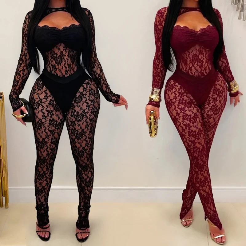 

Women's Casual Jumpsuit Sexy Jacquard Lace See Through Clubwear Skinny Birthday Outfit 1 Piece Party Romper 2026 Spring
