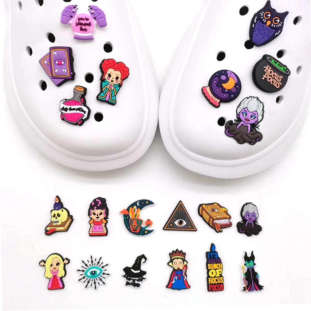 Breloques de chaussures en PVC Hocus Pocus, personnages de dessins animés, sorcière, magie, chaudron, hibou, livre, accessoires de décoration DIY détachables pour sabots, cadeau
