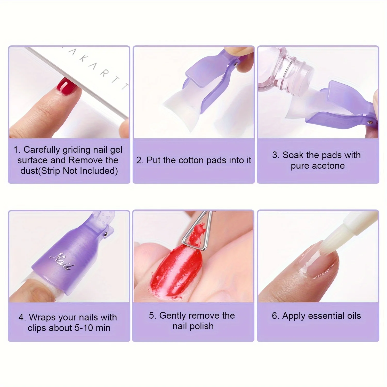 Gel Nail Polish Remover Clips Kit,With Double Ended Metal Cuticle Pusher,20 pcs Plastic Resuable Finger and Toe nail clips
