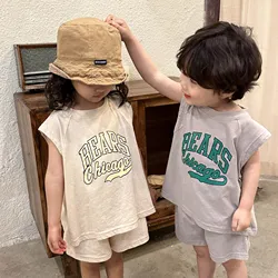 Summer Cool Sets Boys Thin Breathable Vest Fashion Letter T-shirt Children Girl Cotton Tops+ Solid Loose Cotton Shorts Tracksuit