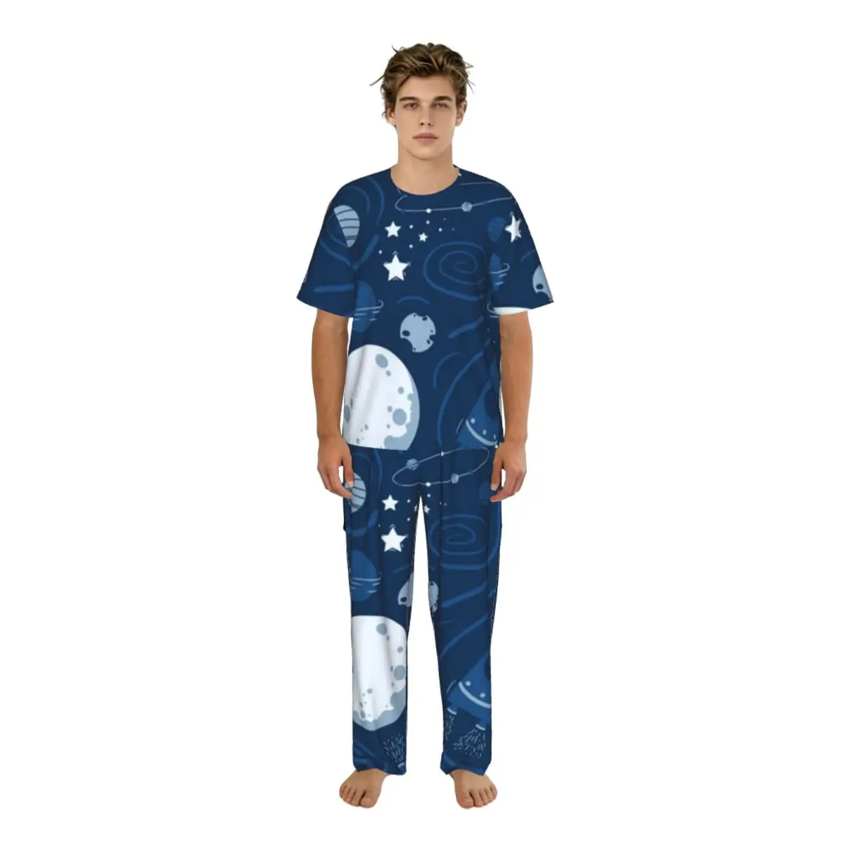 

Men's short-sleeved pajamas two-piece trousers Space Planets Rockets And Stars home wear suit sleepwear