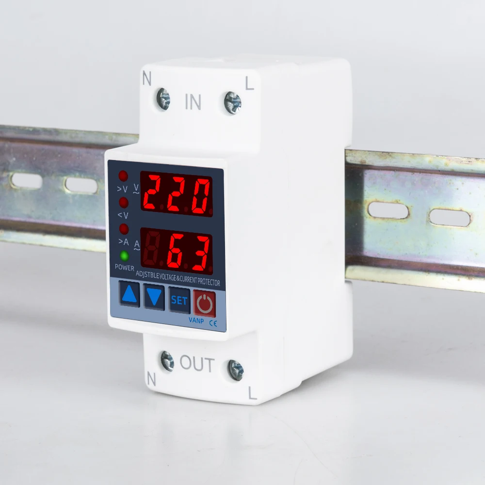 New Dual Display Din Rail Volt Amp Protection 220V 230V 40/63A Adjustable Over Under Voltage Protective Current Protector Relay