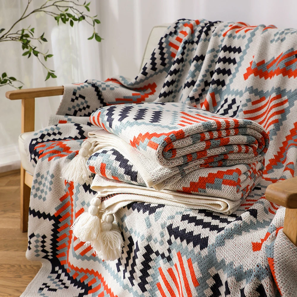

Vintage Blanket Boho Office Air Conditioning Winter Blanket Tassel Knitted Blankets Full Shawl Nap Blankets Decorative Home