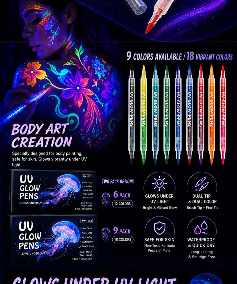 12-18 Farben UV-Doppelspitzen-Leuchtmarker Schwarzlicht-Reaktive Stifte Ungiftige Abwaschbare Körperkunst DIY-Handwerk Fluoreszierende Textmarker – Detail 2