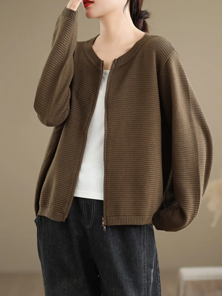 

2025 Casual Loose Brown Solid Cotton Knit Double Zipper Jacket Women's Autumn Cardigan Sweater Top