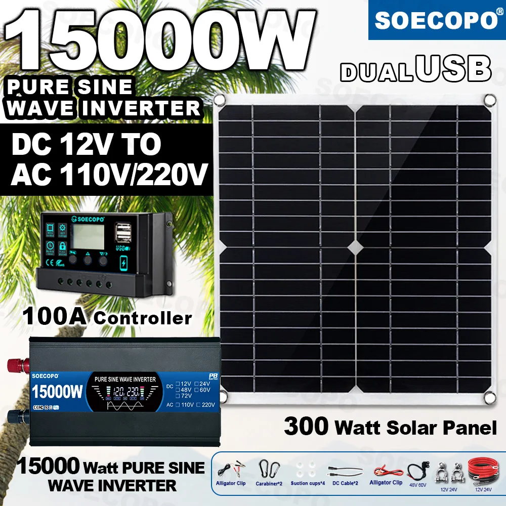 

SOECOPO15000W Solar Panels Complete Kit 300W Solar Panel Pure Sine Wave Inverter 12V 110V/220V 100A Controller for Home Camping