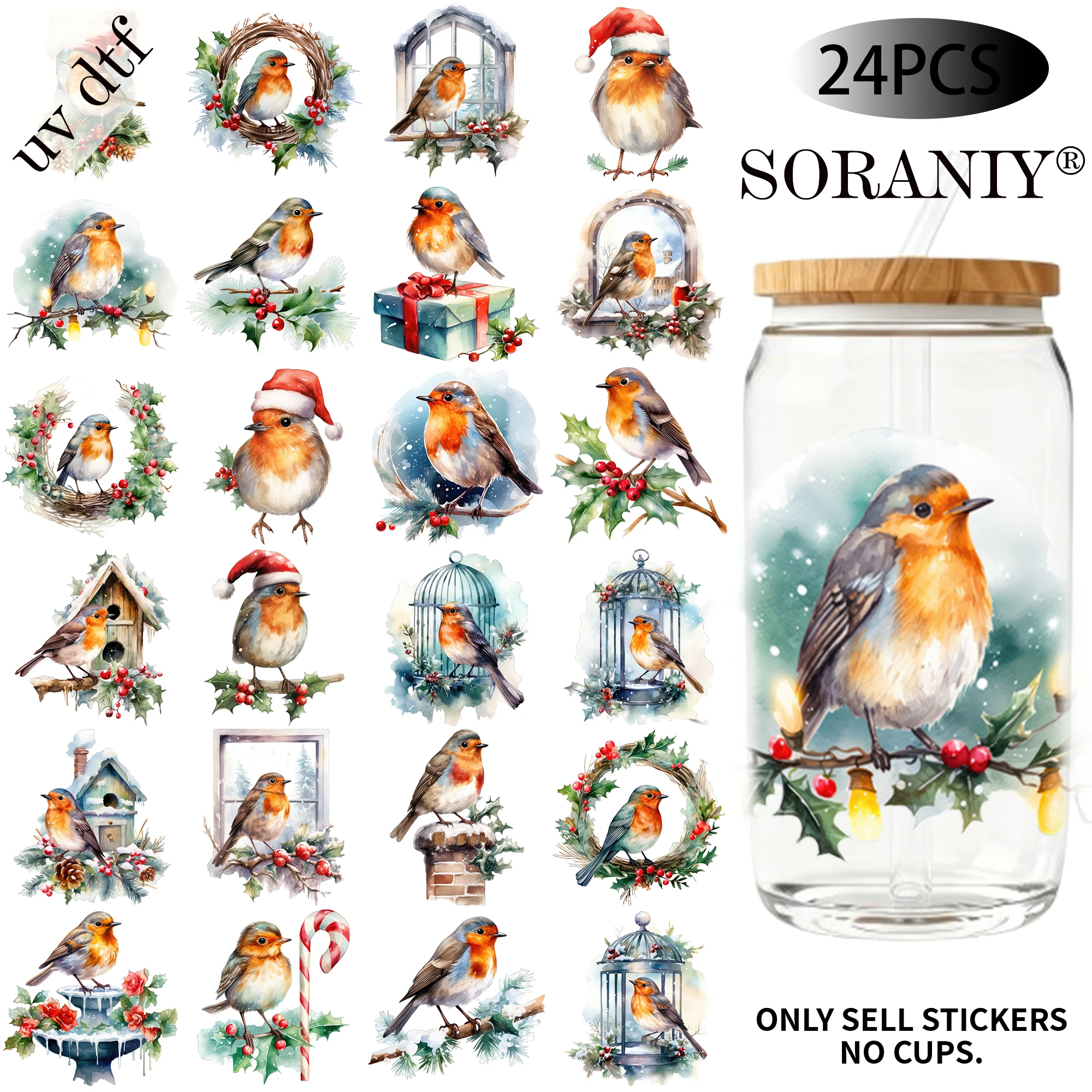 24PCS/Set Christmas Robin Themed UV DTF 16OZ DIY Transfer Paper Sticker