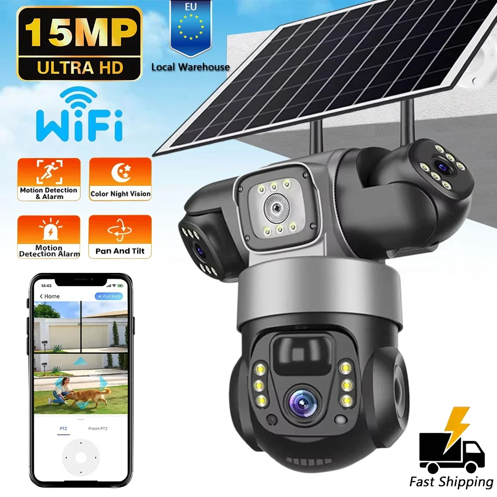 V380 PRO 15MP Trois Sceeens WiFi Caméra solaire extérieure trois lentilles Rotation à distance Couleur Vision nocturne Suivi automatique CCTV Caméras de sécurité à domicile