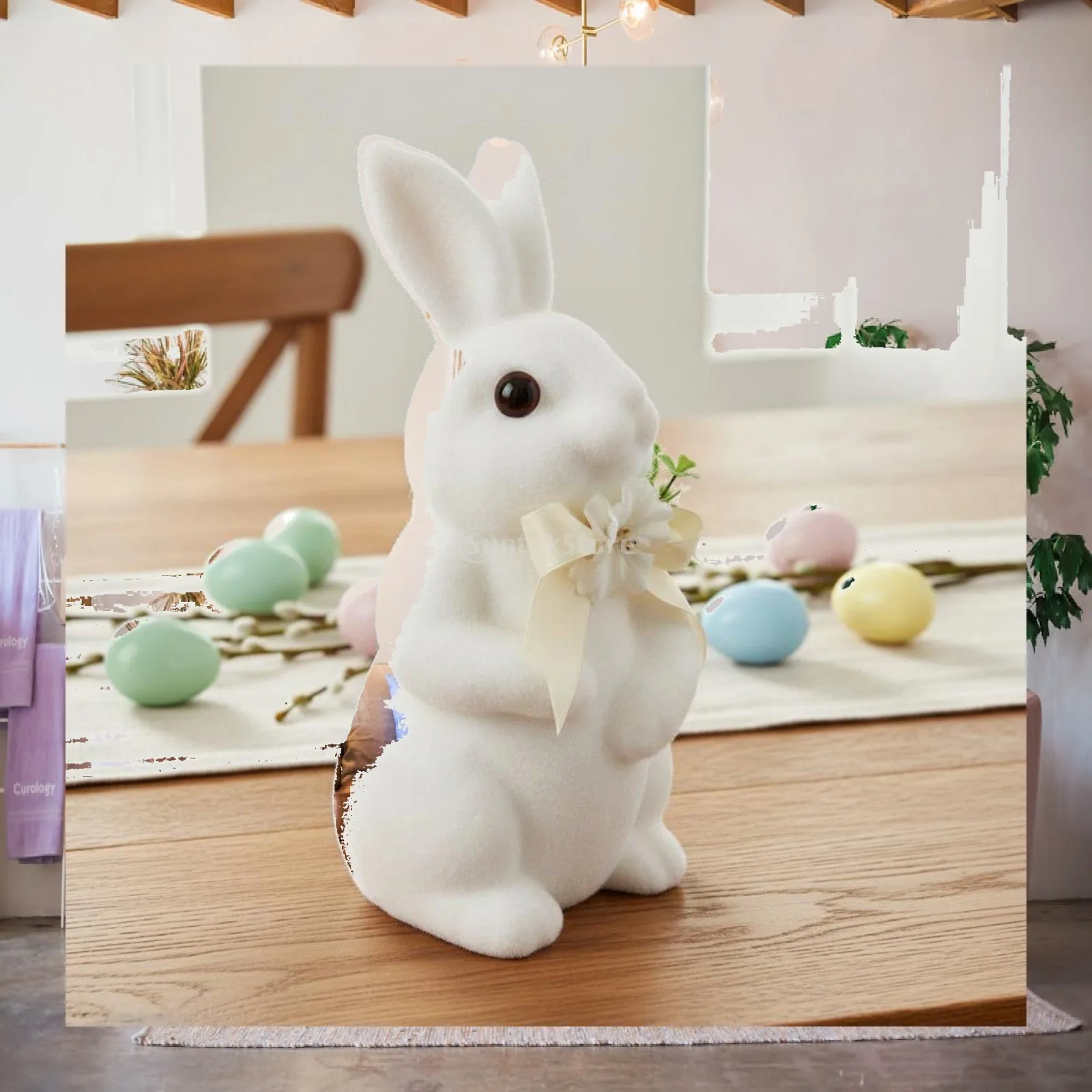 Flocking Rabbit Statue Stuffed Bunny Plush Toy Decorative Animal Ornament for Rustic Holiday Party Home Living Room Decor