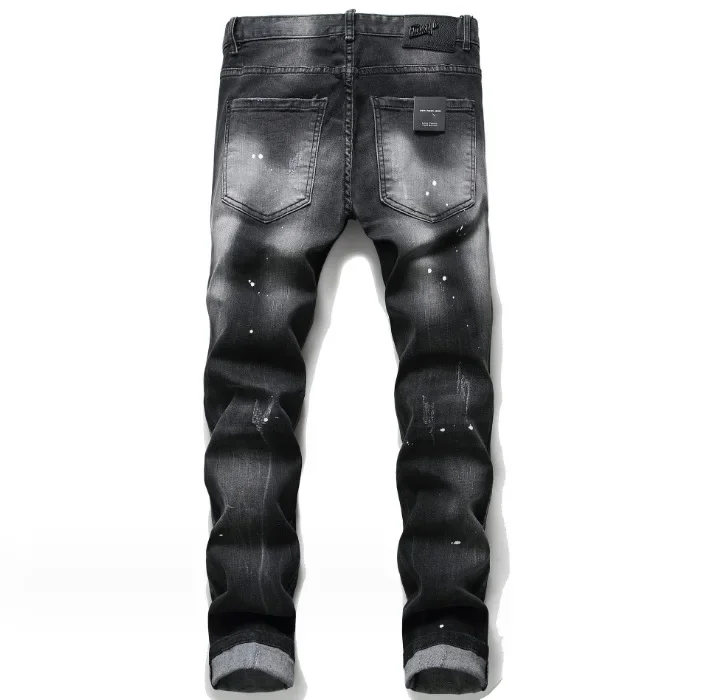 European and American Ragged and Splashed Paint Men's Slim-fit Distressed Patched Stretch Simple and Versatile Jeans.