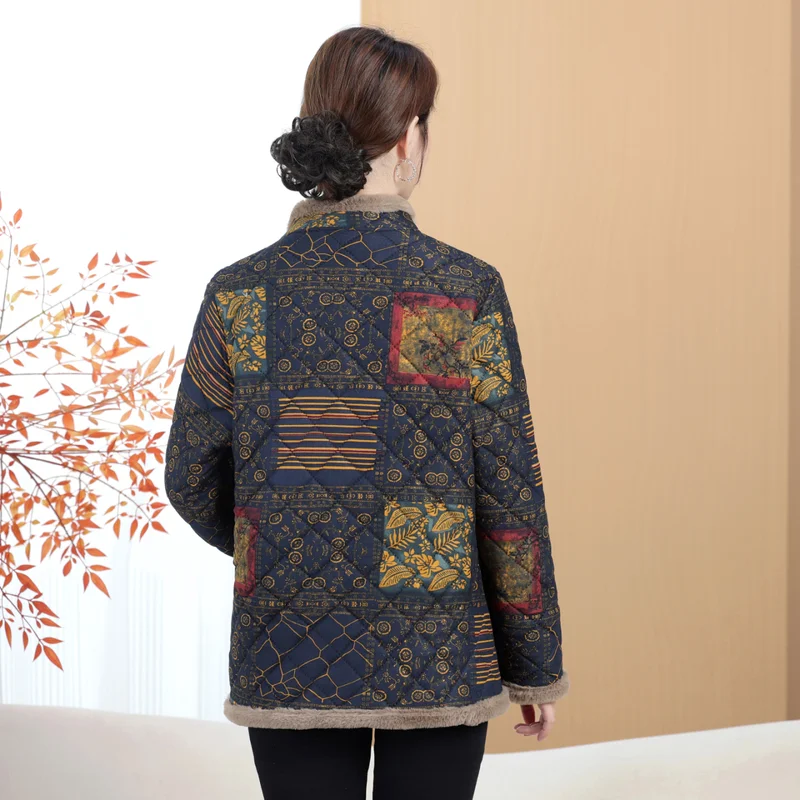 Damska kurtka zimowa z polaru w stylu retro 2025, ocieplana kurtka bawełniana dla kobiet w średnim wieku, kurtka codzienna plus size.