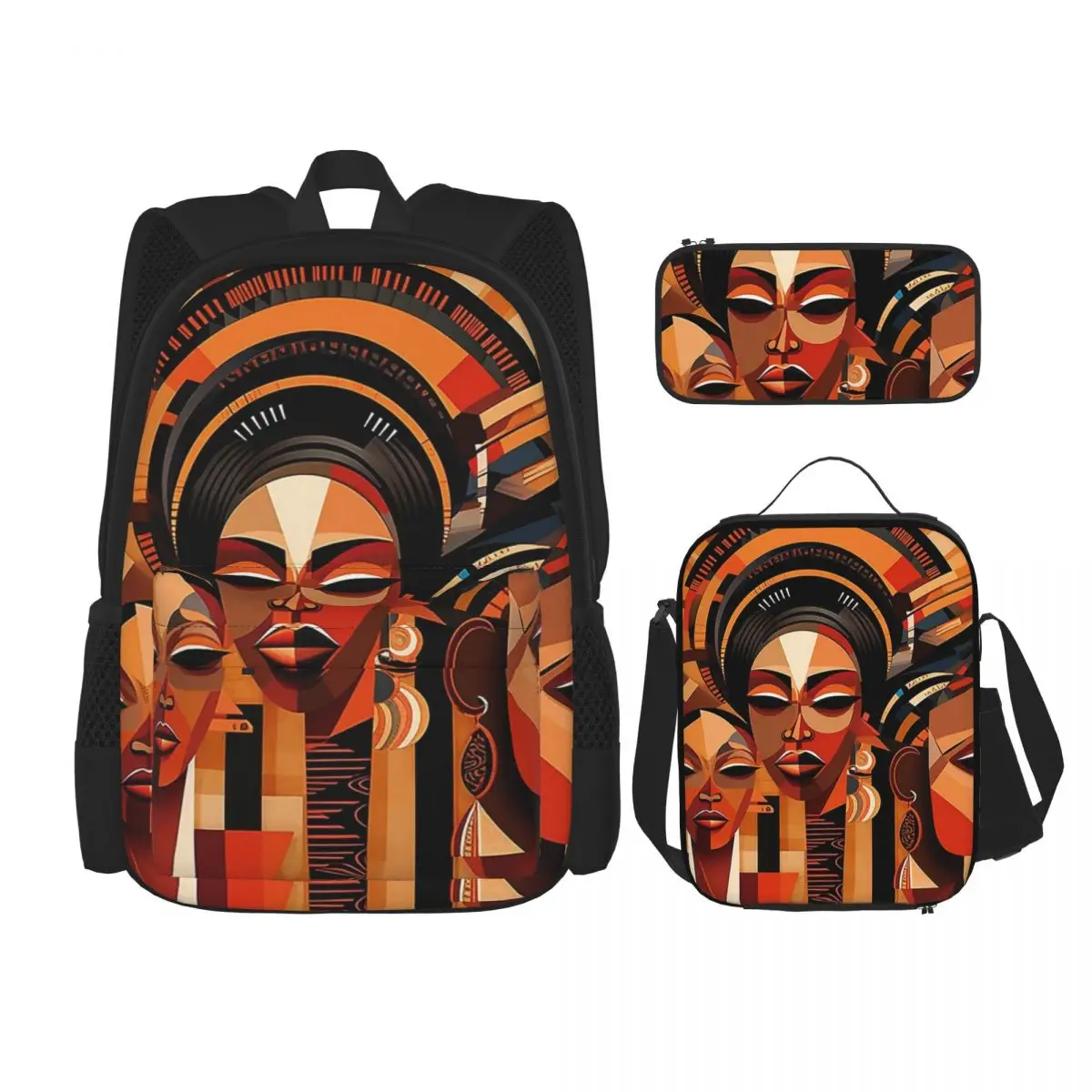 

Three African Faces Backpacks Boys Girls Bookbag Children School Bags Cartoon Kids Rucksack Lunch Bag Pen Bag Three-Piece Set