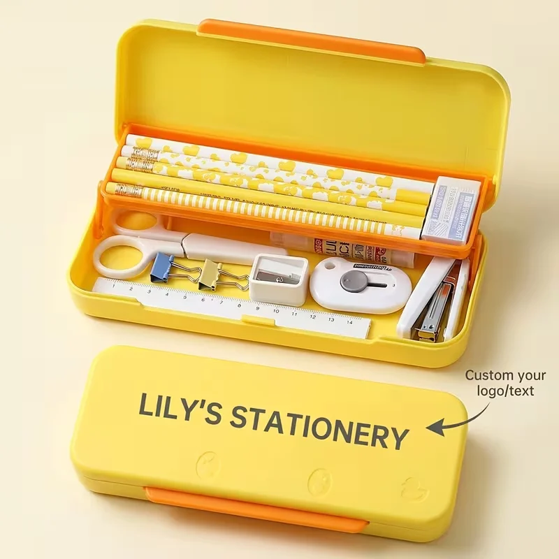 1Pc Customizable Name-Tagged Large-Capacity Plastic Pencil Case, Stationery Box for Students and Children, Double-Layer Cute Large Storage Pencil Bag, Multifunctional Pencil Case with Logo Printing, Office Multifunctio