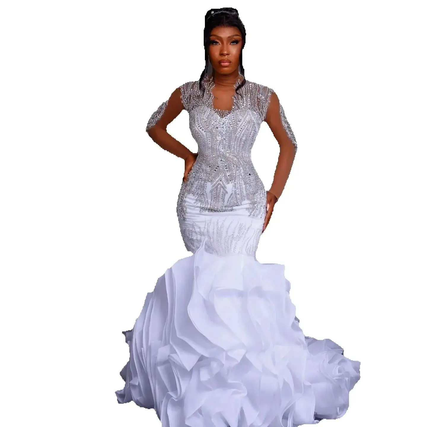 

Customized Shinny Crystals Bead Wedding Dress Vestidos De Novia Long Sleeve African Aso Ebi Sexy Open Back Bridal Gowns