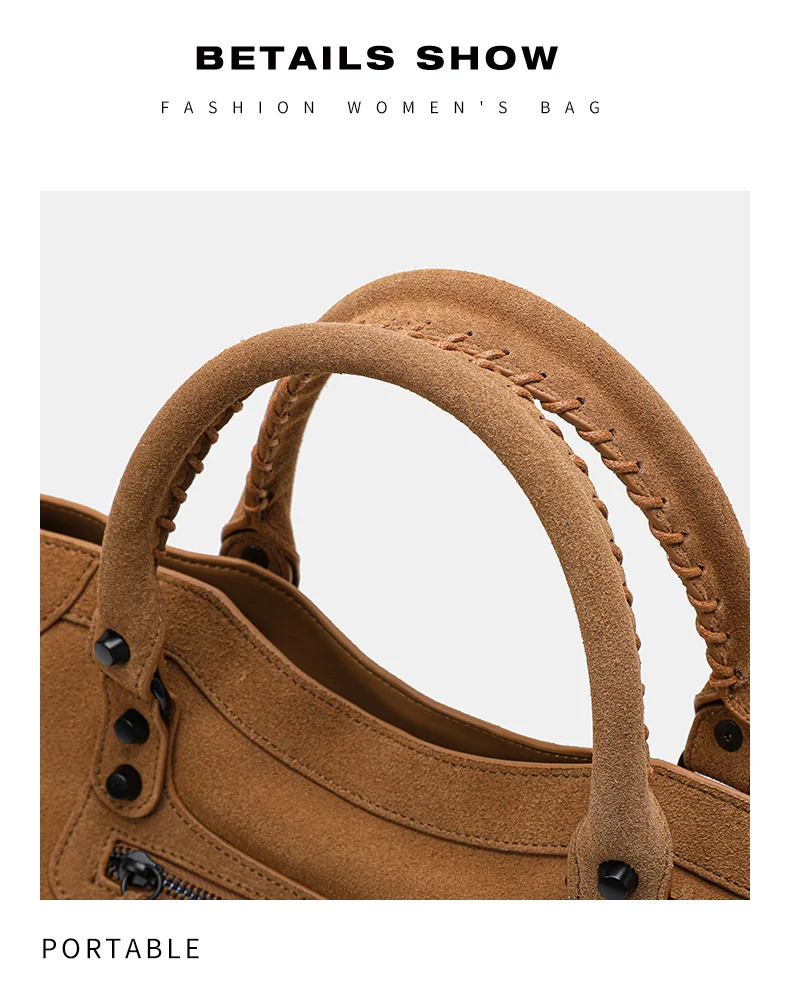 Aidrani Echtes Leder Amerikanische Retro-Wildleder-Handtasche für Damen, Große Motorradtasche, Hochwertige Pendler-Handtasche – Detail 13