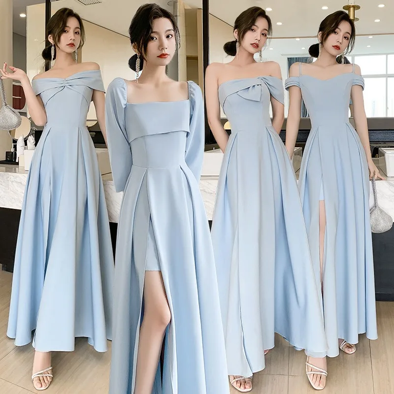 

Blue Wedding Dresses 2025 New Temperament Simple Atmosphere A-line Skirt Square Collar Long Sleeves Formal Dress Women Elegant