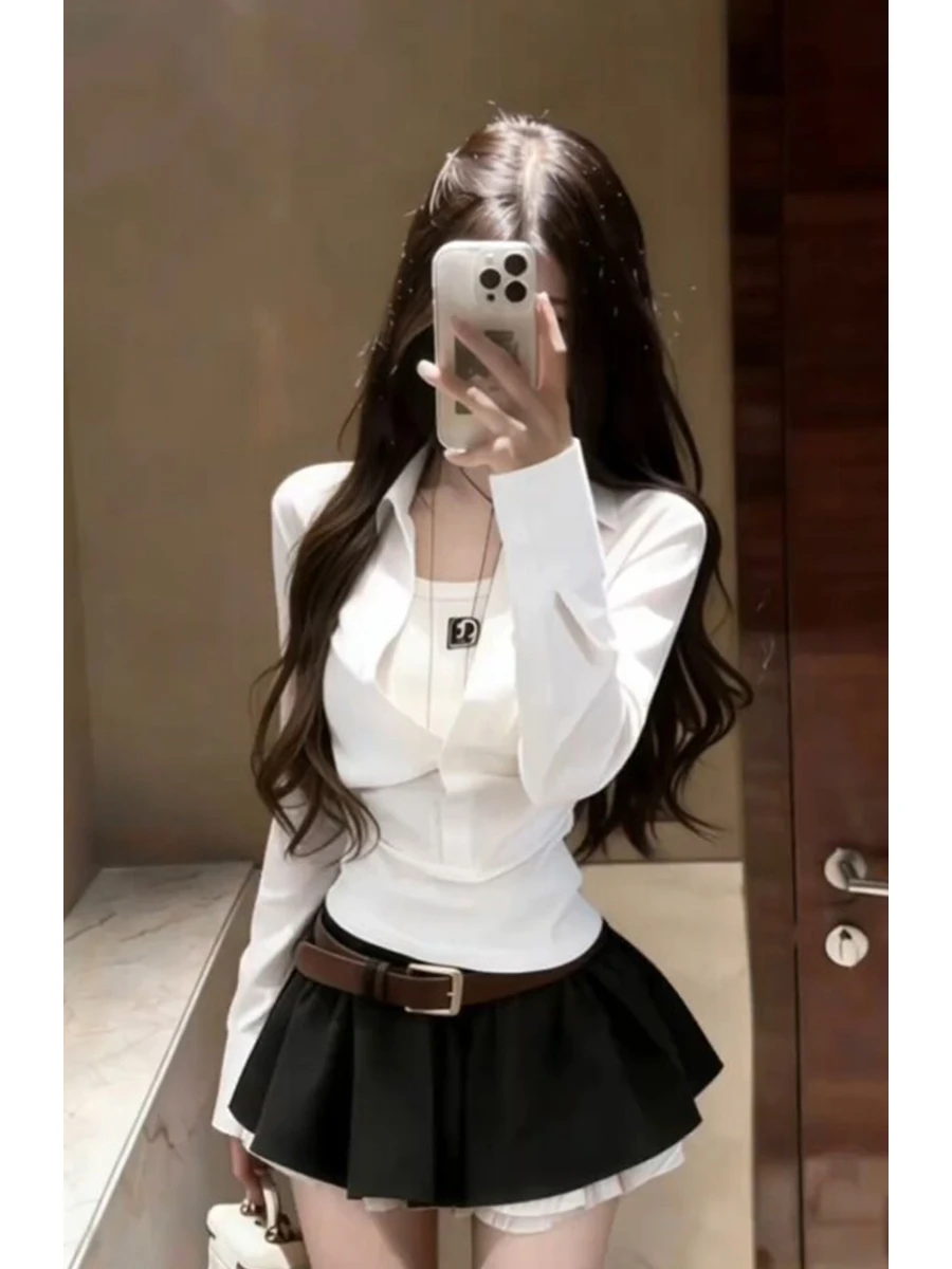 

Slimming White Shirt And Skirt Set Women's Fashion Spring New Style Long Sleeve Turn-down Collar Casual Wear Breathable Mediu...