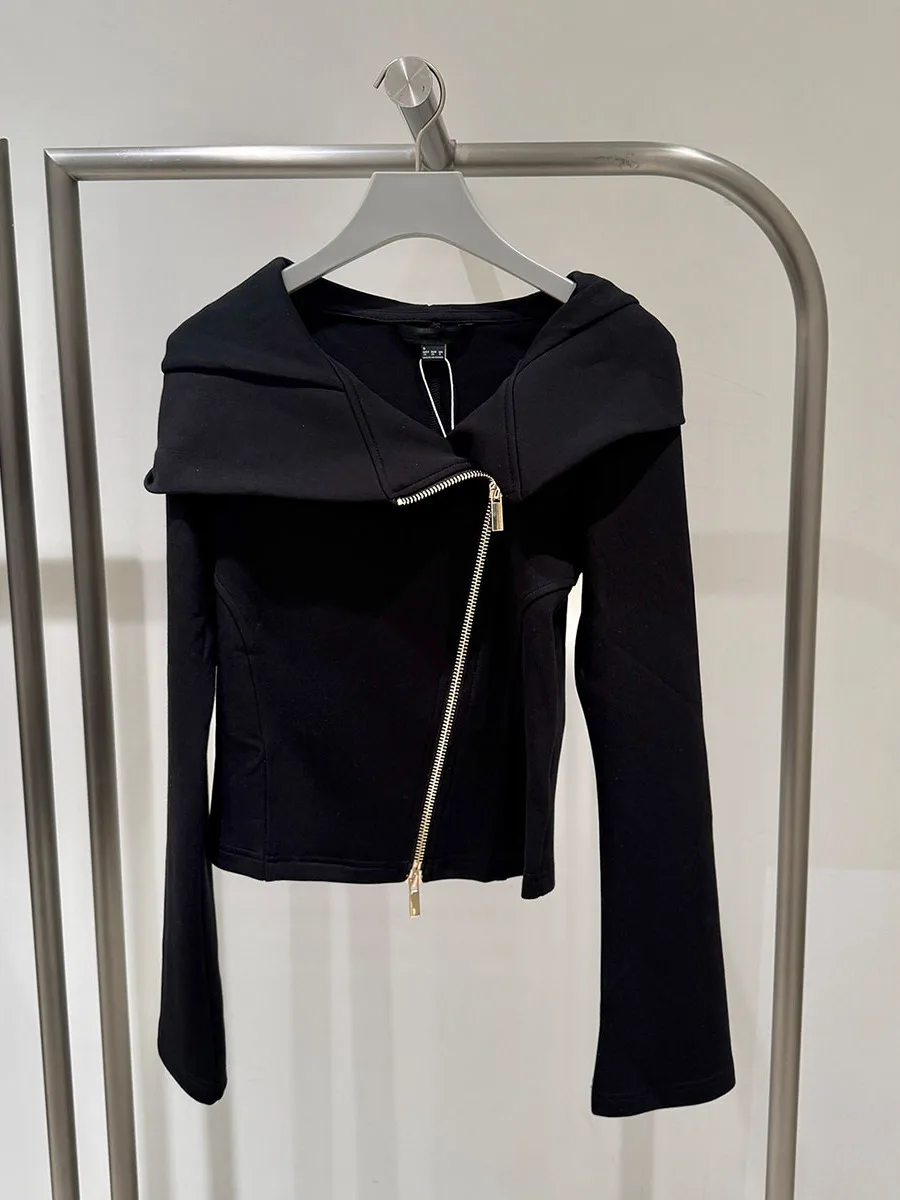 Elegant Vintage Charm Spring Autumn Asymmetric Zipper Hoodie Jacket Long Sleeve Casual Style Standard Fit Ladies Outerwear