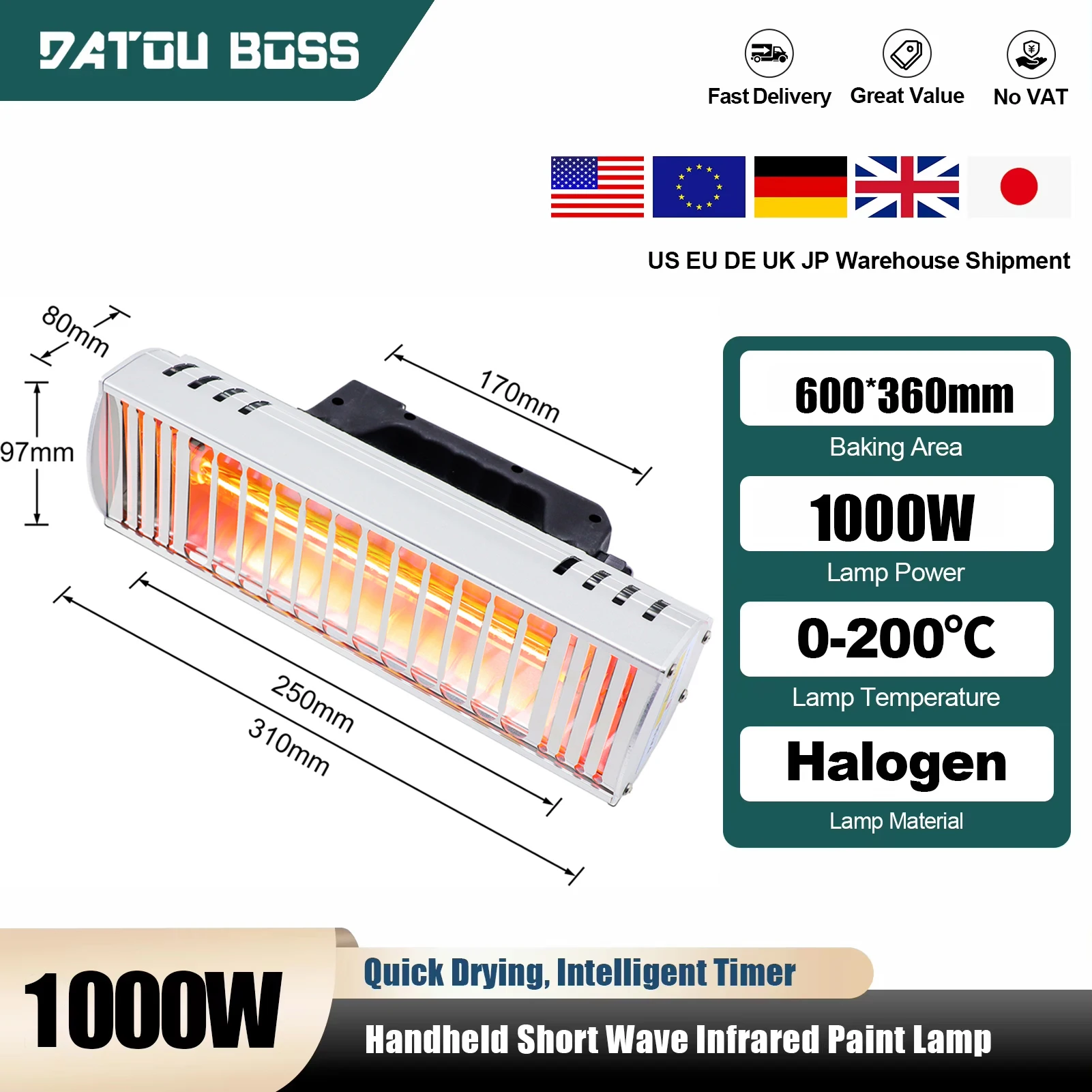 

DATOUBOSS Портативная 1000 Вт инфракрасная лампа для сушки, лампа для сушки, лампа для выпечки краски для тела, лампа для сушки, отопления, краски для кузова автомобиля