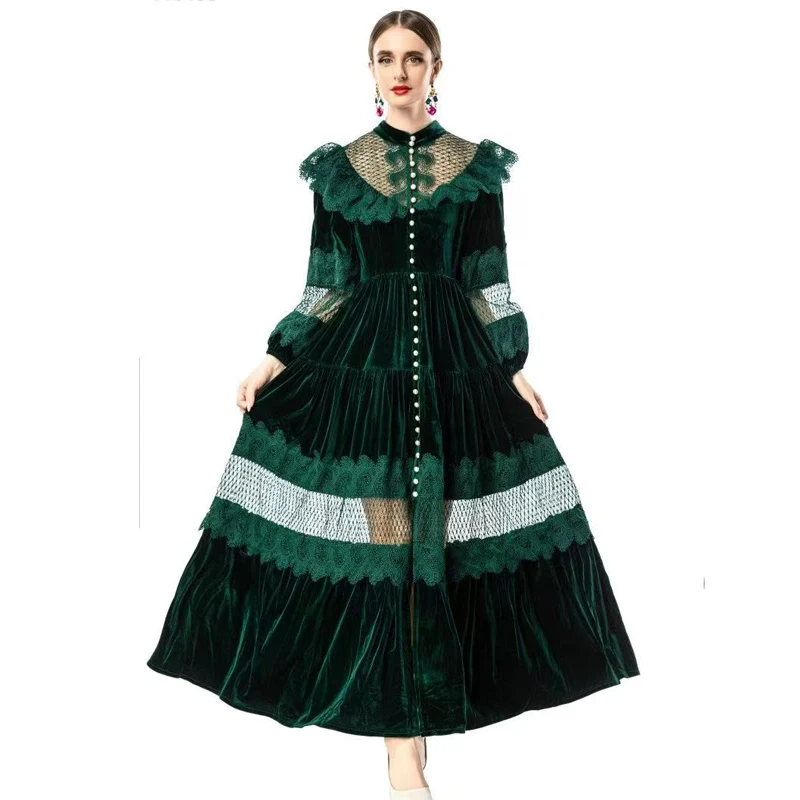 Spring New Small Stand Collar+Hollow Velvet Splicing Lotus Leaf Lace Wrist Sleeve +Lace Up Women's Big Swing Dress S-XXXL