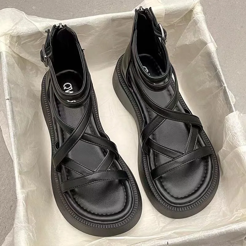 Damen sandalen, sommerliche dicke Sohlen, kreuz gewebt, vielseitig, mit Reiß verschluss hinten, lässiger Streets tyle