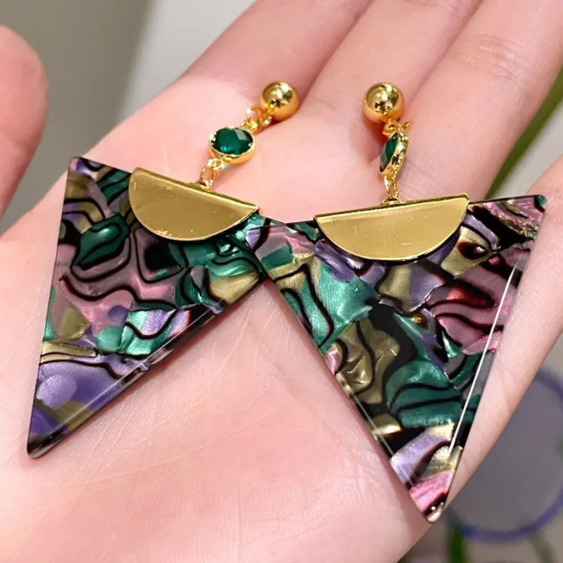 Retro Colorful Laser Triangle Green Earrings Autumn Winter Geometric Retro Drop Earrings for Women Girl Jewelry HUANZHI NEW