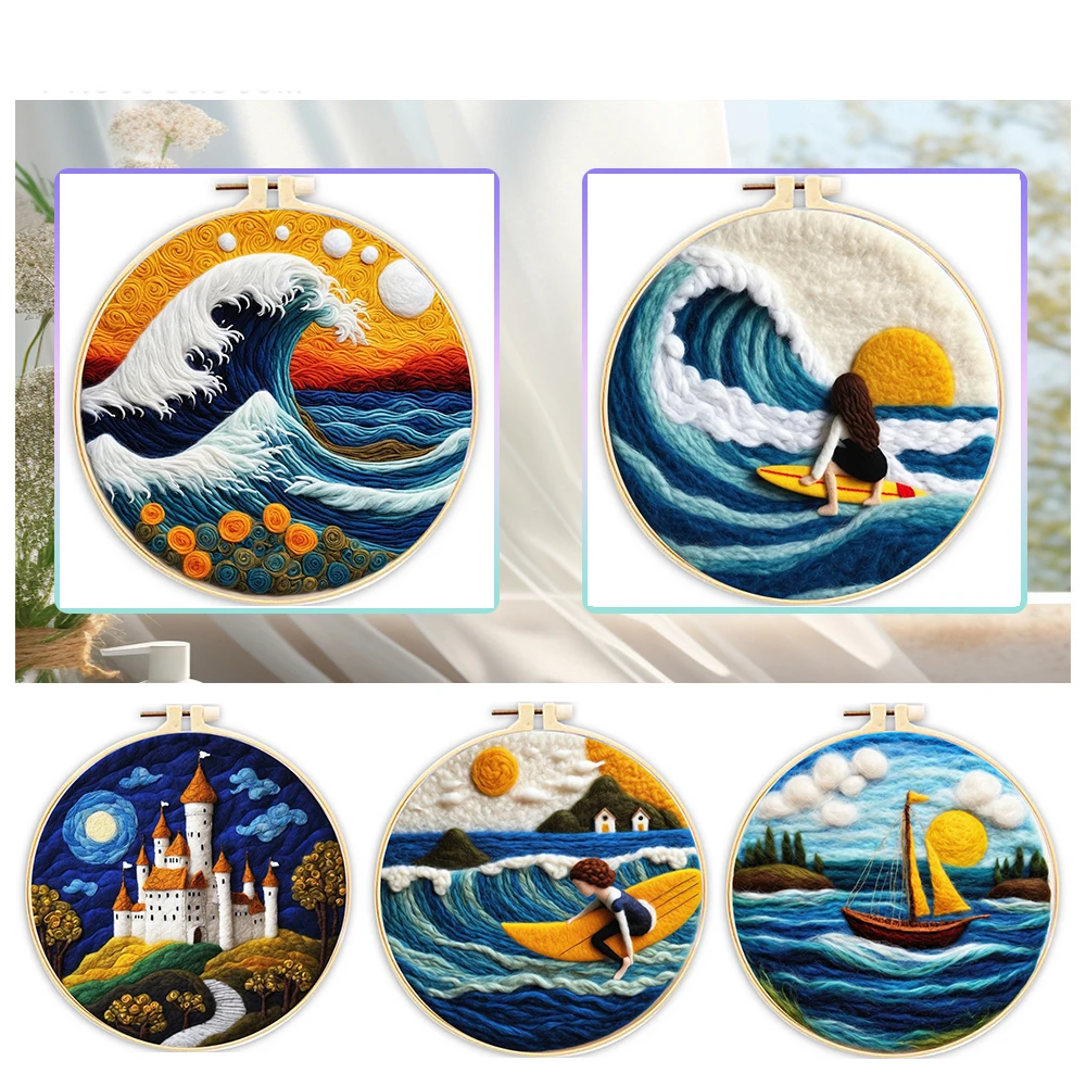 

GATYZTORY DIY Wool Felting Painting Kit With Frame Handmade Needle Wool Painting Sea Wave Landscape For Home Decors Crafts Gift