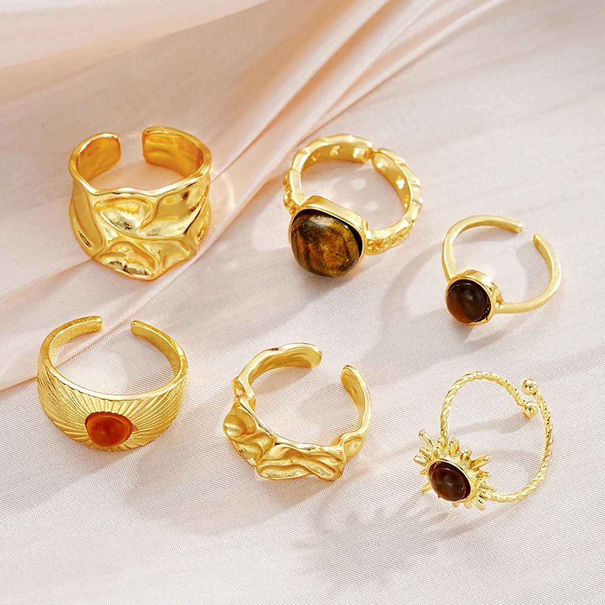 6pcs Sunflower Tiger Eye Stone Ring Set for Women Vintage Irregular Gold Color Aesthetic Open Rings Fashion Party Jewelry Gifts image 4
