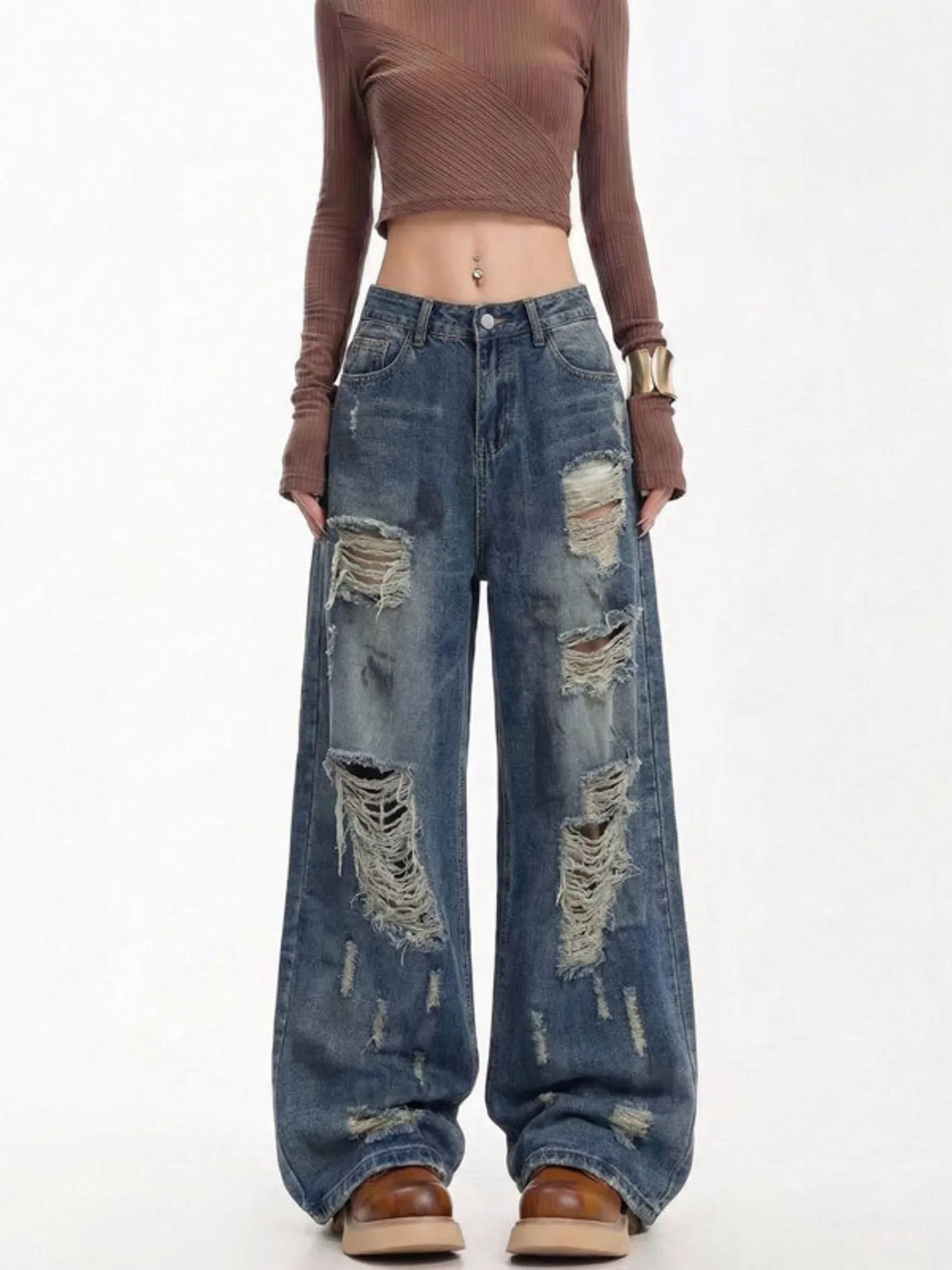 Women Distressed Wide Leg Jeans Vintage Wash Ripped Denim Pants High Waist Y2K Streetwear