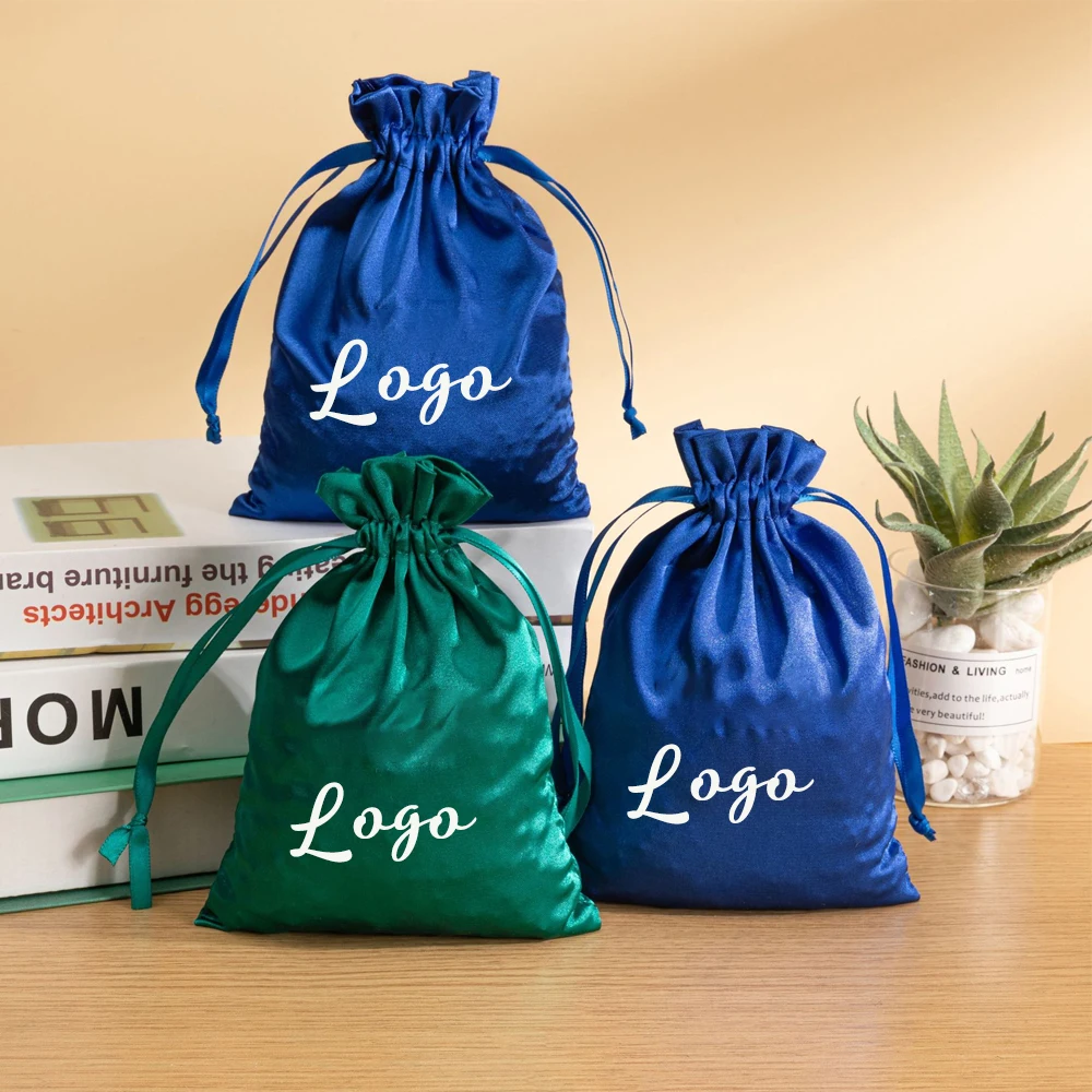 

100pcs DIY 10x15cm Custom Logo Satin Gift Bags with Ribbon Drawstring Jewelry Pouches for Wedding Anniversary Baby Shower Favors