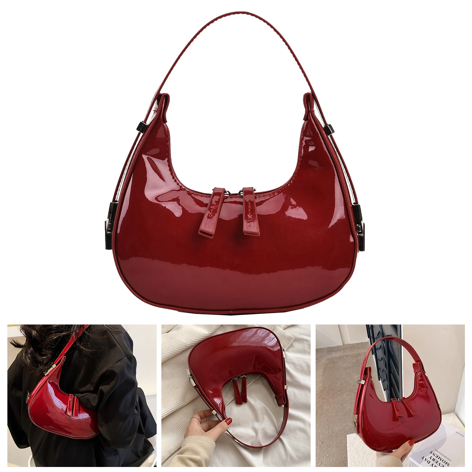 

Women Leather Shoulder Bag Casual Vintage Tote Bag Zipper Retro Handbag Crescent Bag Travel Dating Purse