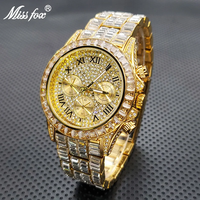 Luxury18K Gold Watch For Men Hip Hop Rapper Style Bling Chronograph Quartz Timepiece Fashion Round Dial Square Diamond Clock Man