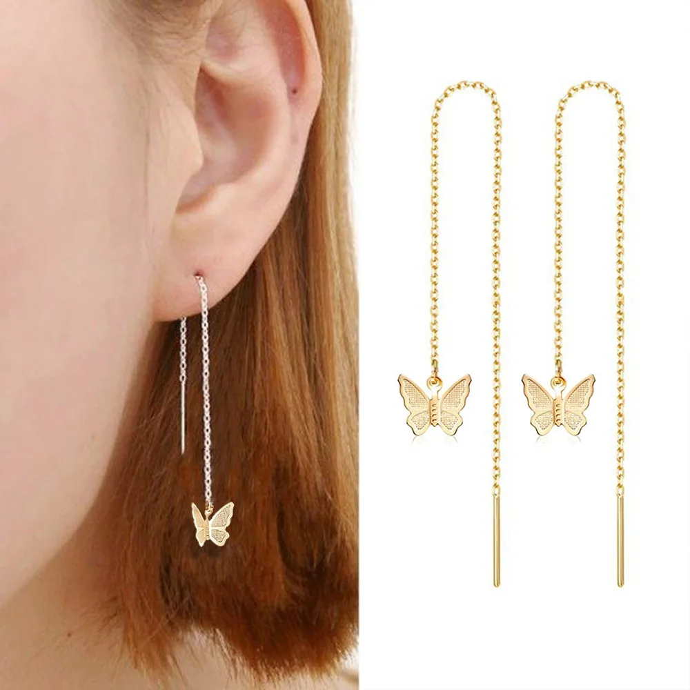 Korean Women's Thread Dangling Earings Gold Color Stainless Steel Butterfly Charm Long Chain Threader Earrings For Women Jewelry