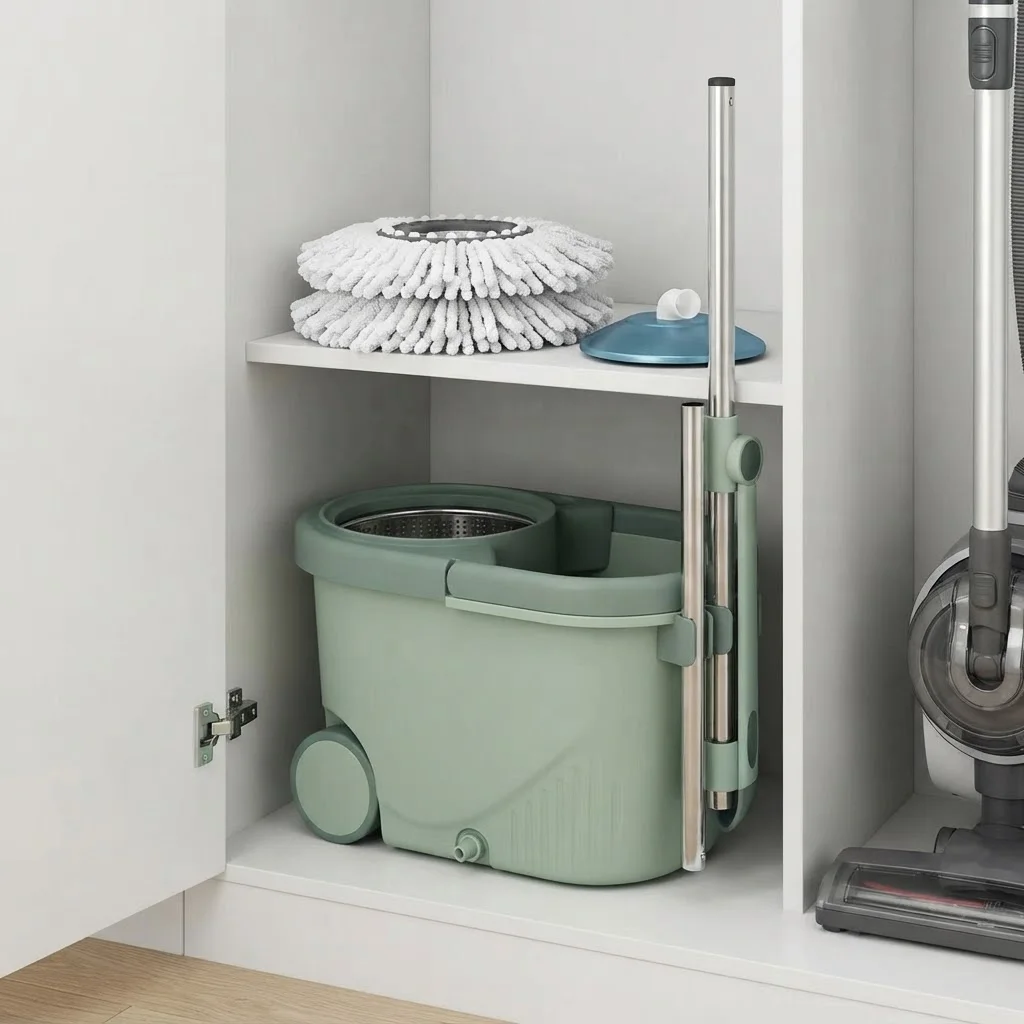 Hands-Free Spin Mop with Wheels, Self Wringing, 2 Mop Heads & Adjustable Handle, No-Bend Floor Cleaner