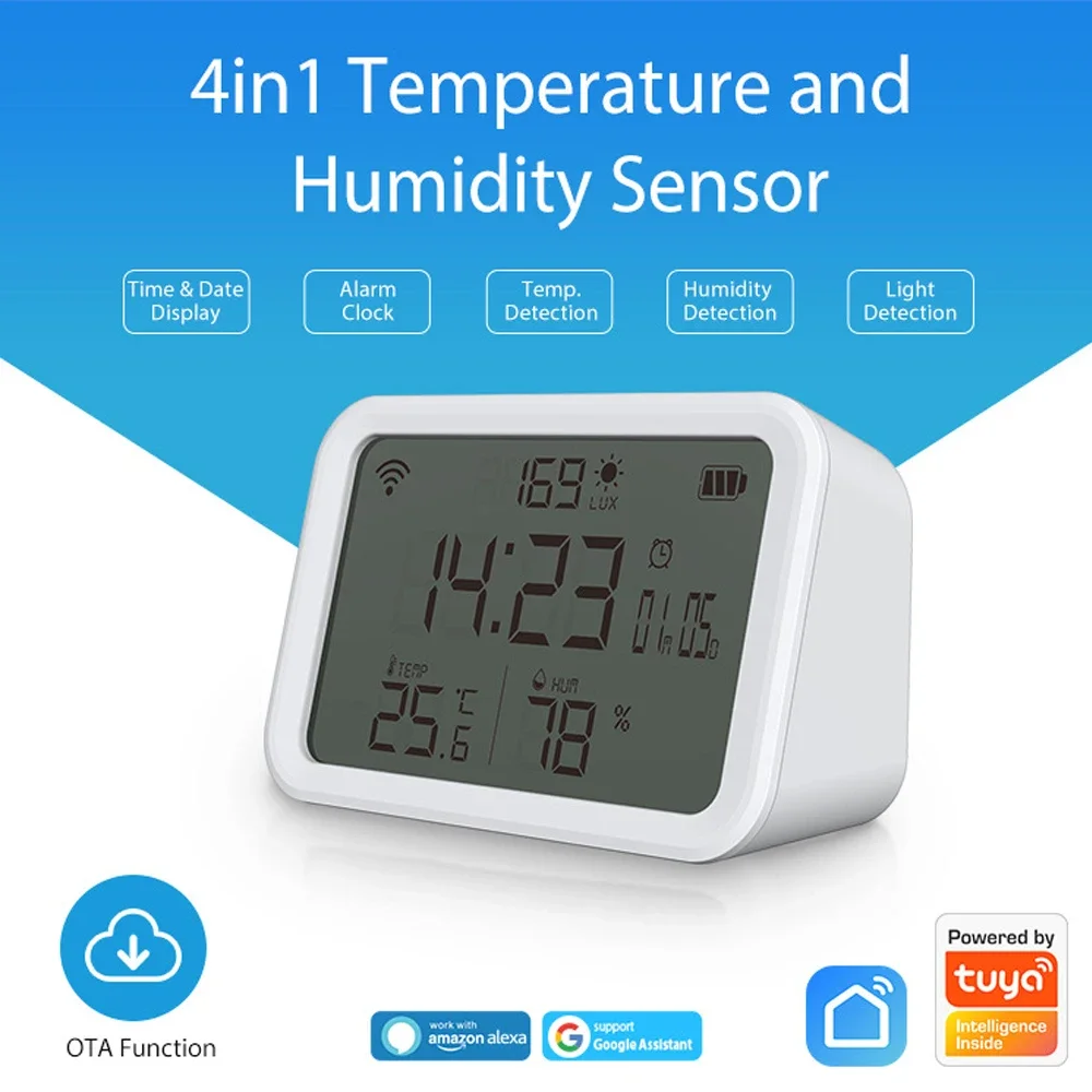 WiFi Illumination Clock Battery Powered 4 in 1 Smart Temperature Humidity Sensor 2.4GHz LCD Digital Display Smart Life APP