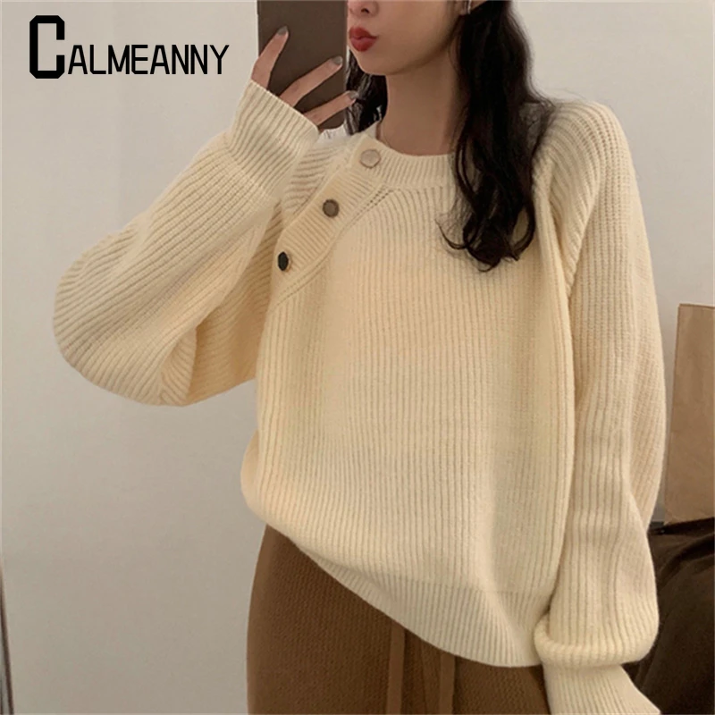 Vintage 2024 Autumn Winter Knitted Loose Sweater New Style Fashion Women O Neck Diagonal Button Thick Warm Stright Pullovers