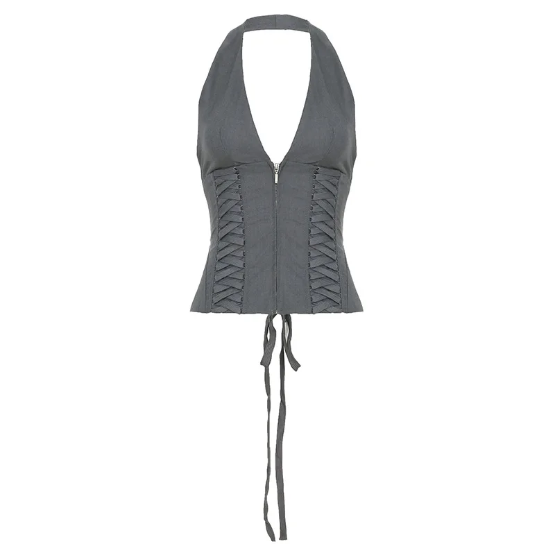 Strap Up Waist Hanging Neck Deep V-Neck Vest, Spicy Girl Slimming Short Fit Versatile Top