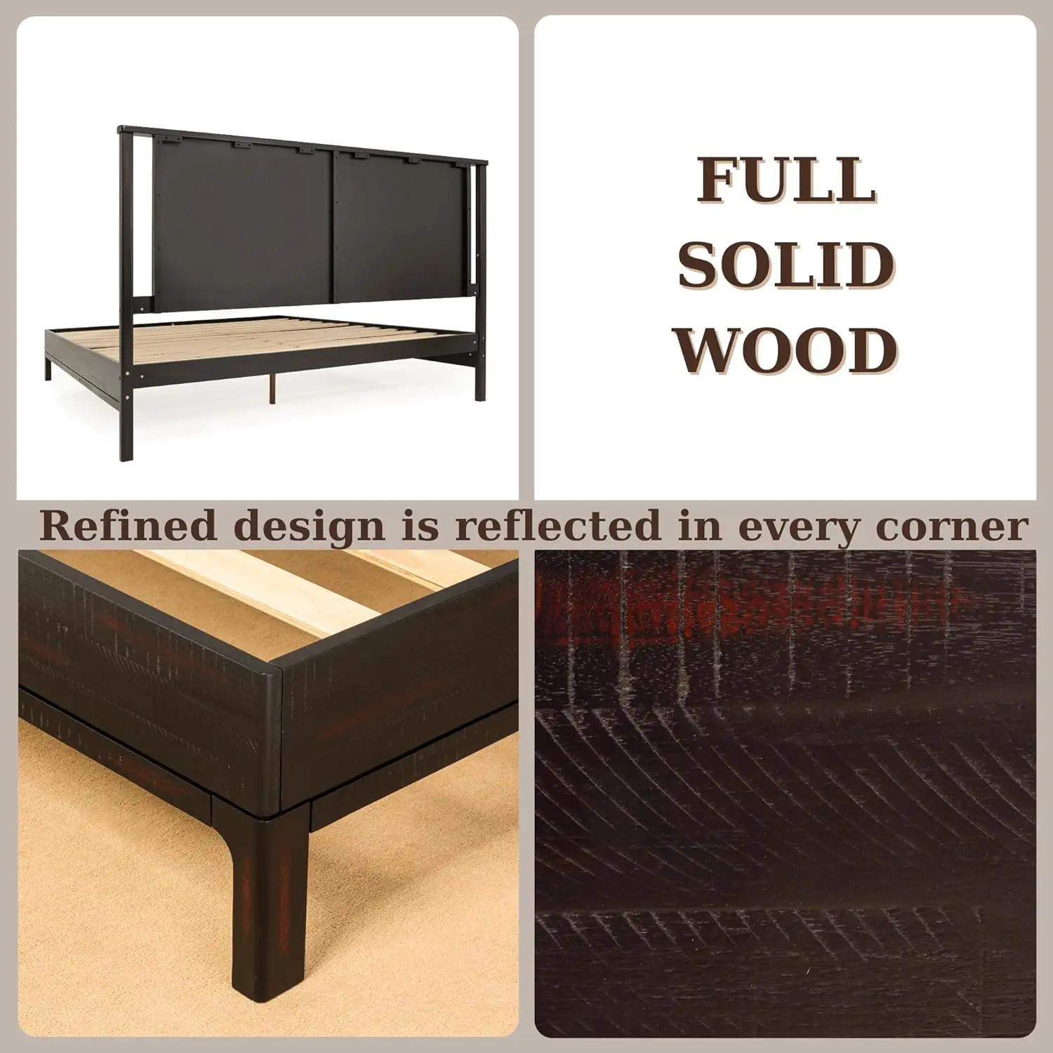 14 Inch Deluxe Bed Frame with Headboard, Rustic & Scandinavian Style with Solid Acacia Wood, No Box Spring Needed King