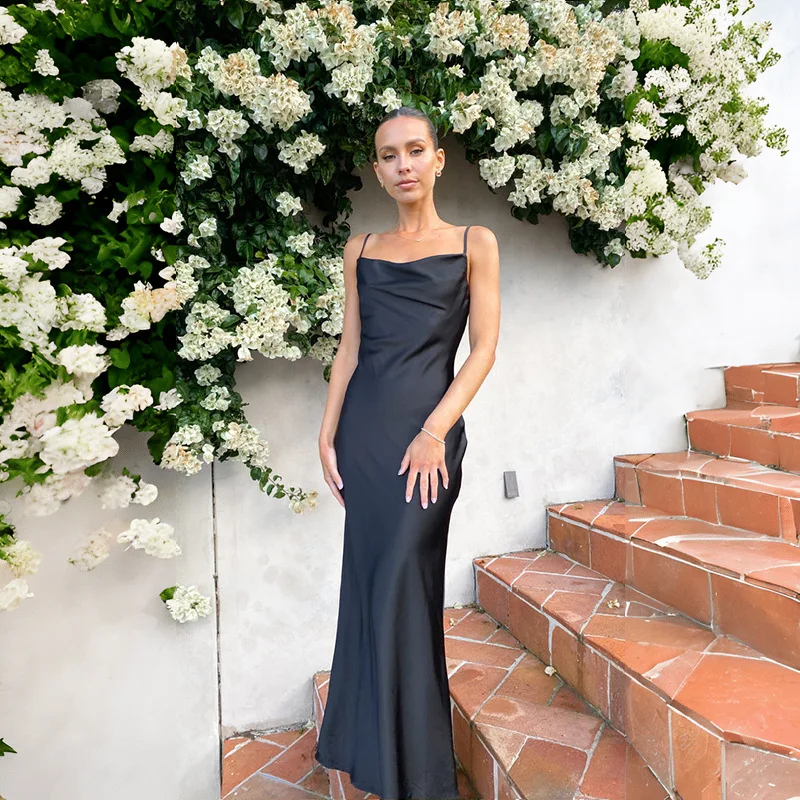

FIGOHR Spring Summer Women's Elegant Satin Draped Neckline Dress Spaghetti Straps Dress Female Sexy Backless Fishtail Dress