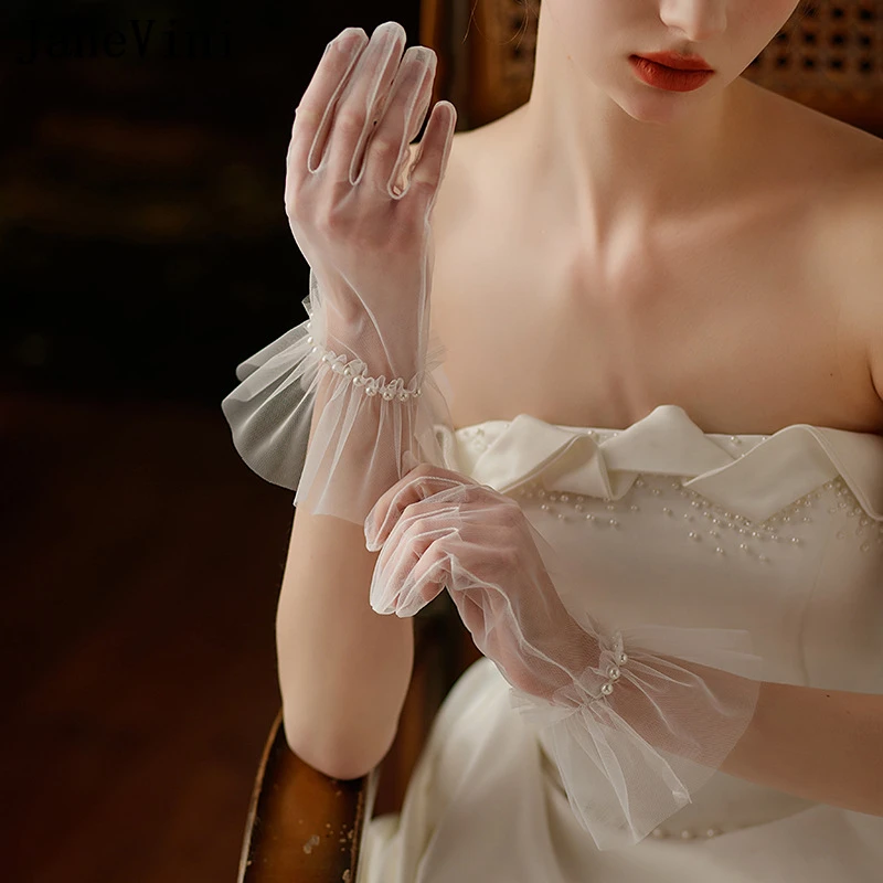 JaneVini Princess Sheer Tulle Women Pearl Gloves Sexy Transparent Short Bridal Gloves Wedding Ladies Performance Party Gloves