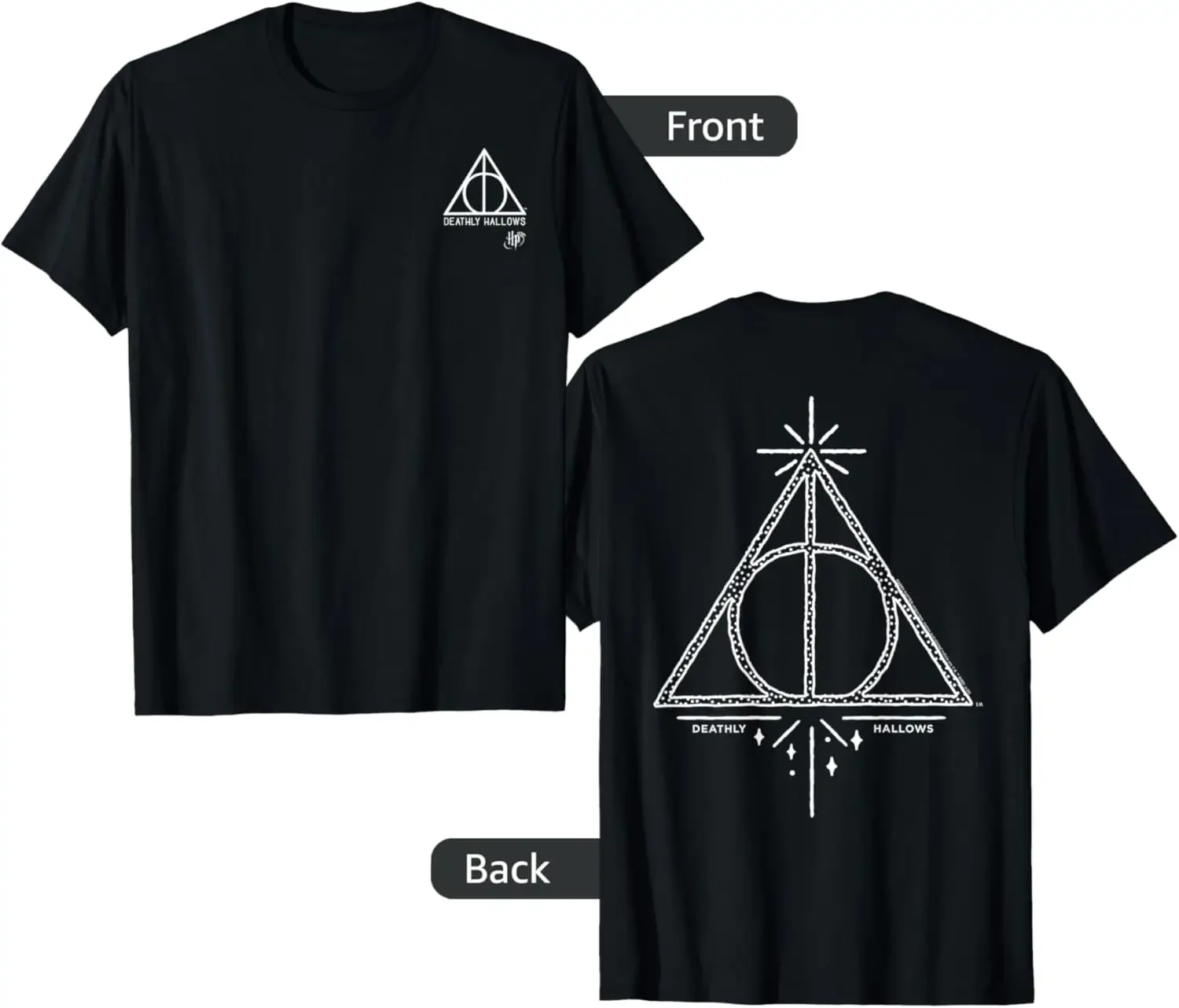 Camiseta con icono de bolsillo delantero y trasero de los reliquias de la muerte de Harry Potter de MINISO X