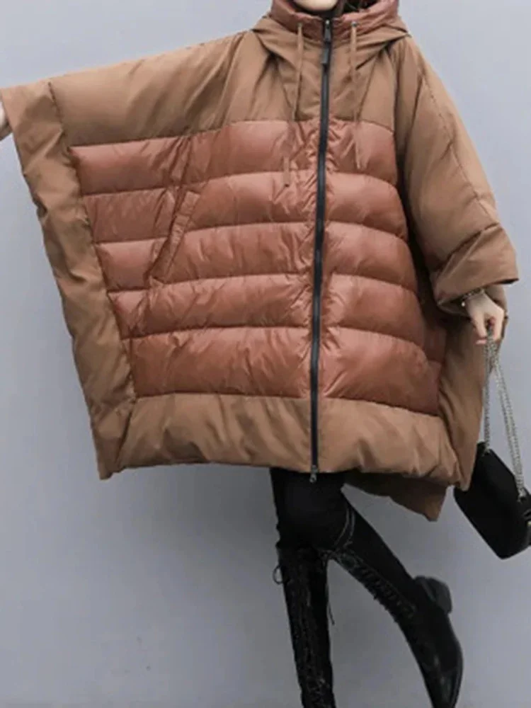

Winter Contrast Color Loose Down Coat Women Hooded Batwing Sleeves Zipper Mid Length Clothing Casual 2025 New 2VV225