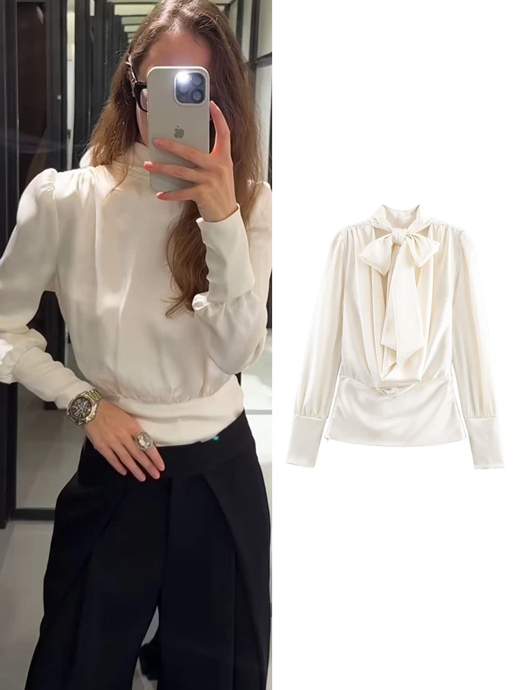 Bluzka damska TFMLN na jesień, z kokardą przy dekolcie, długie rękawy, dopasowany krój, elegancki styl, seksowny odkryty tył, koszula damska.