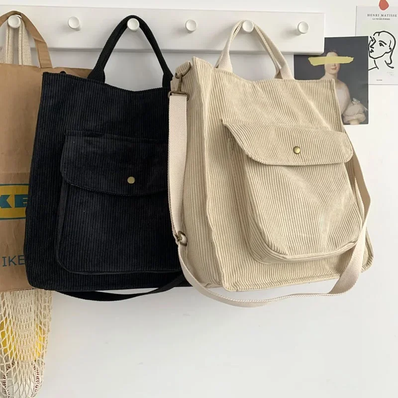 Autumn Corduroy Shoulder Bag Women Vintage Shopping Bags Zipper Girls Student Bookbag Handbags Casual Tote with Outside Pocket