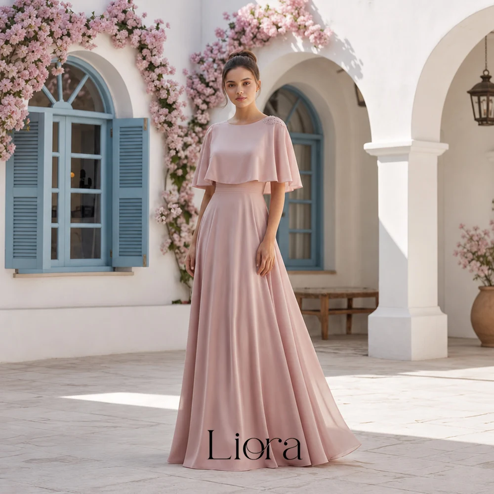 Liora Customized Blush Pink Satin Bridesmaid Dress Cape Sleeve Floor Length Long Elegant Formal Wedding Guest Gown