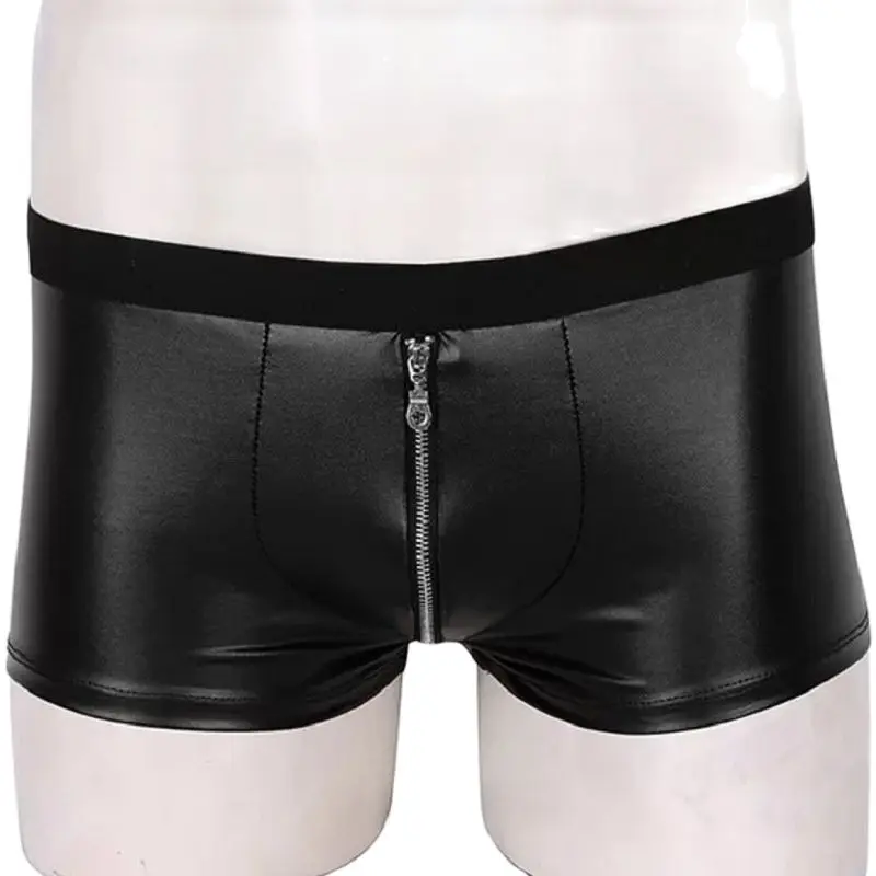 Mens Plus Size Boxers Bright Patent Leather Lingerie Show Package Hip Underpants U-Zipper Open Crotch Undershorts Sexy Underwear