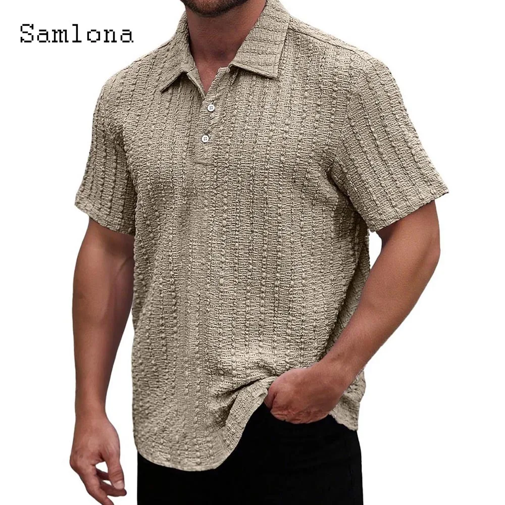 

2025 Men's Fashion Basic Polo Shirt Men Short Sleeve Casual Notched Tops New Summer Beach Blouse Khaki Navy Jacquard Pullovers