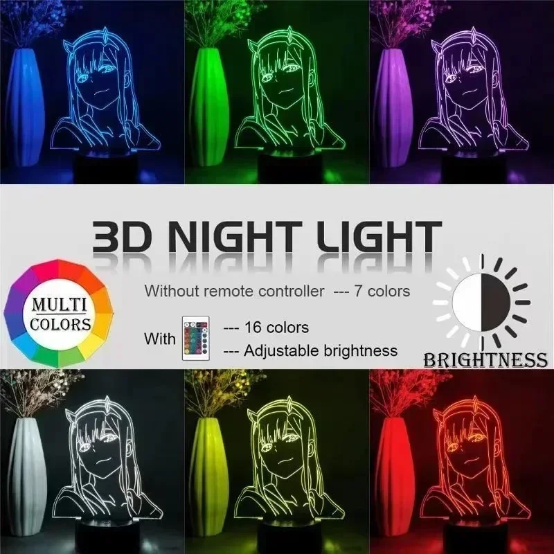 Zero Two Anime Night Light Action Figure 3D LED Color Changing Toys Darling in The Franxx Model Acrylic Desk Lamp Christmas Gift